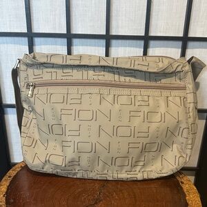FION Lightweight Beige Logo Messenger Bag Large Zipper Pocket Front and Back